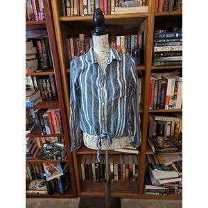 DYLAN tie front button down grey and white cotton top nwot sz small